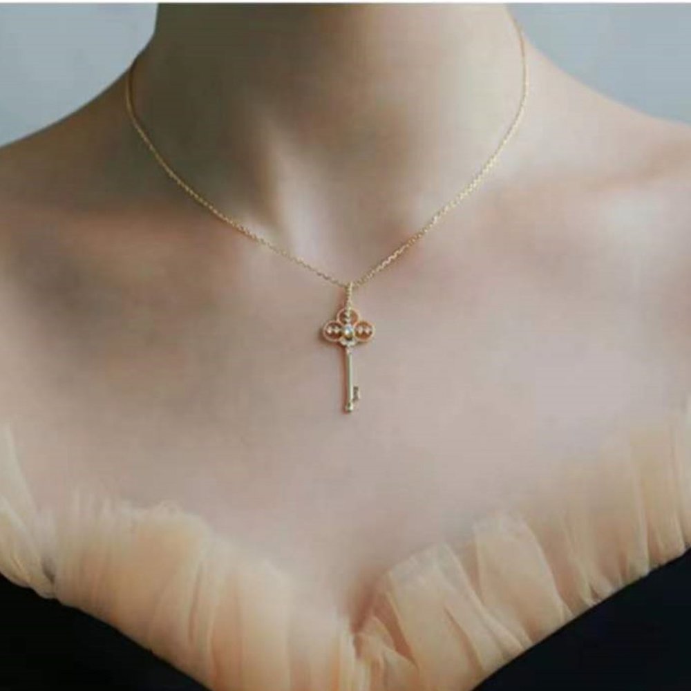 Gold Vermeil Gold Flower Necklace Floral Crystal Key Chain Necklace for her